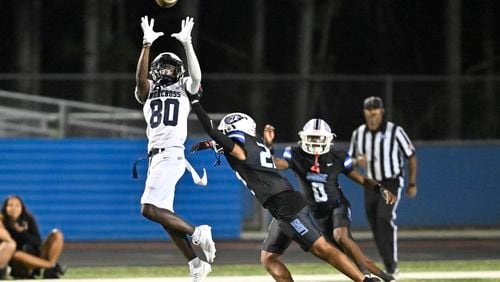 Norcross wide receiver Traemel Mitchell (80) goes up for and makes the reception during the Norcross at Peachtree Ridge GHSA region football game on Friday, Sept. 20, 2024, in Suwanee, GA. (Jim Blackburn for the AJC)