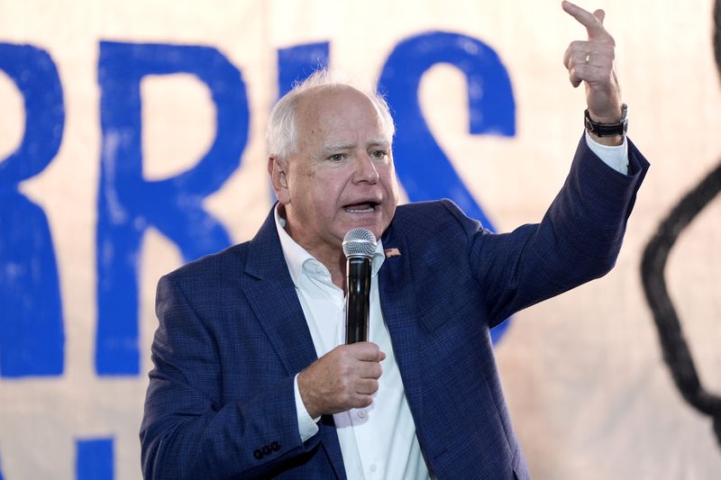 Democratic vice presidential nominee Minnesota Gov. Tim Walz speaks at a campaign event, Sunday, Aug. 18, 2024, in Rochester, Pa. (AP Photo/Julia Nikhinson)