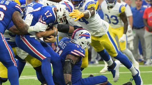 Rams defensive end Aaron Donald sacks Bills quarterback Josh Allen in the second quarter. Donald will pose a stern test for the Falcons' offensive line. (Wally Skalij/Los Angeles Times/TNS)