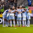 Second half huddle during the match against the Philadelphia Union at Subaru Park in Philadelphia, PA on Saturday September 28, 2024. (Photo by Mitch Martin/Atlanta United)