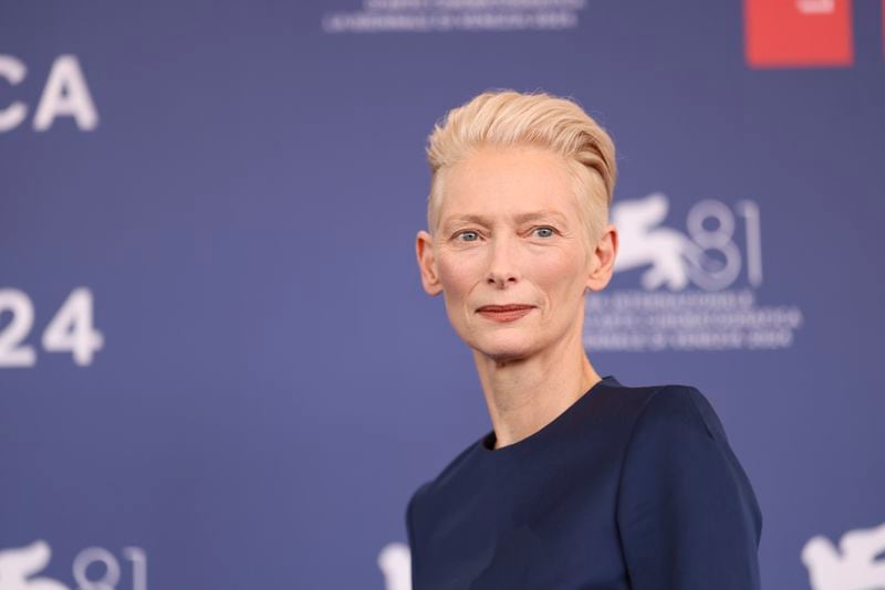 Tilda Swinton poses for photographers at the photo call for the film 'The Room Next Door' during the 81st edition of the Venice Film Festival in Venice, Italy, on Monday, Sept. 2, 2024. (Photo by Vianney Le Caer/Invision/AP)