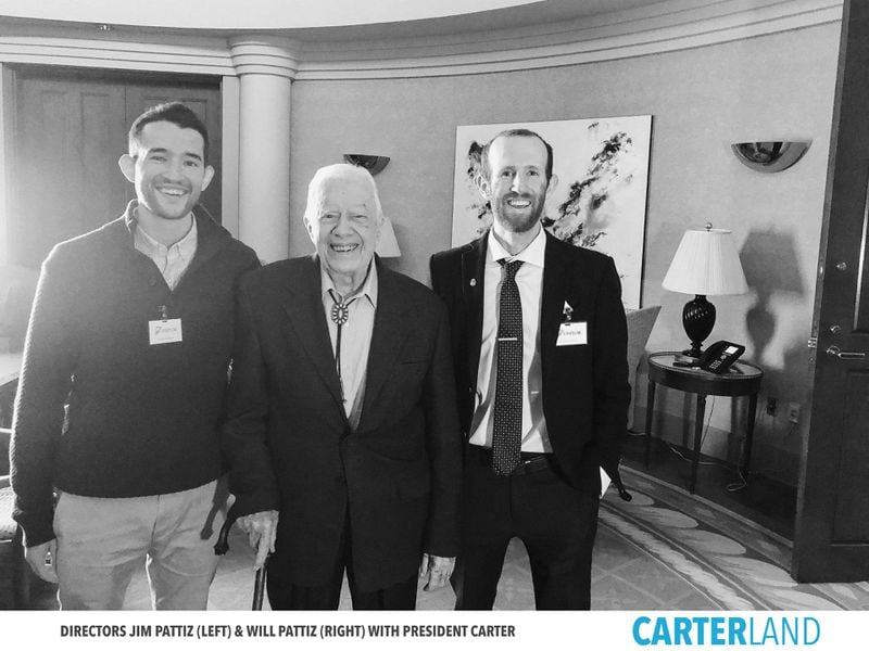Directors Jim Pattiz (left) and Will Pattiz (right) meet with Jimmy Carter during the filming of "Carterland." Courtesy of the Pattiz brothers