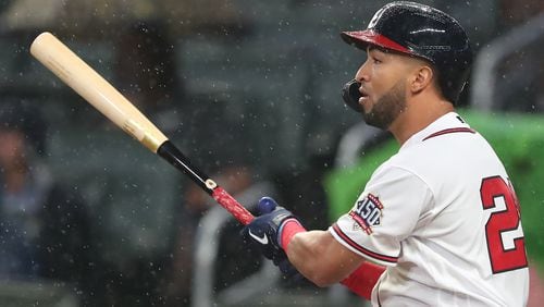 Braves outfielder Eddie Rosario rips a RBI single to take a 1-0 lead over the Colorado Rockies during the second inning Wednesday, Sept. 15, 2021, at Truist Park in Atlanta. Rosario, a Puerto Rico native, wore No. 21 Wednesday in honor of Hall of Famer Roberto Clemente. (Curtis Compton / Curtis.Compton@ajc.com)