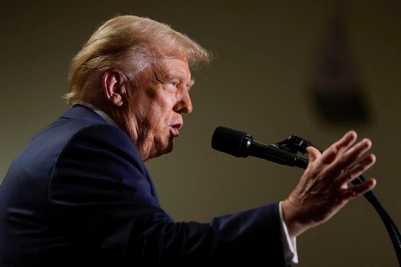 Republican presidential nominee former President Donald Trump speaks at a campaign event, Sunday, Sept. 29, 2024, in Erie, Pa. (AP Photo/Matt Rourke)