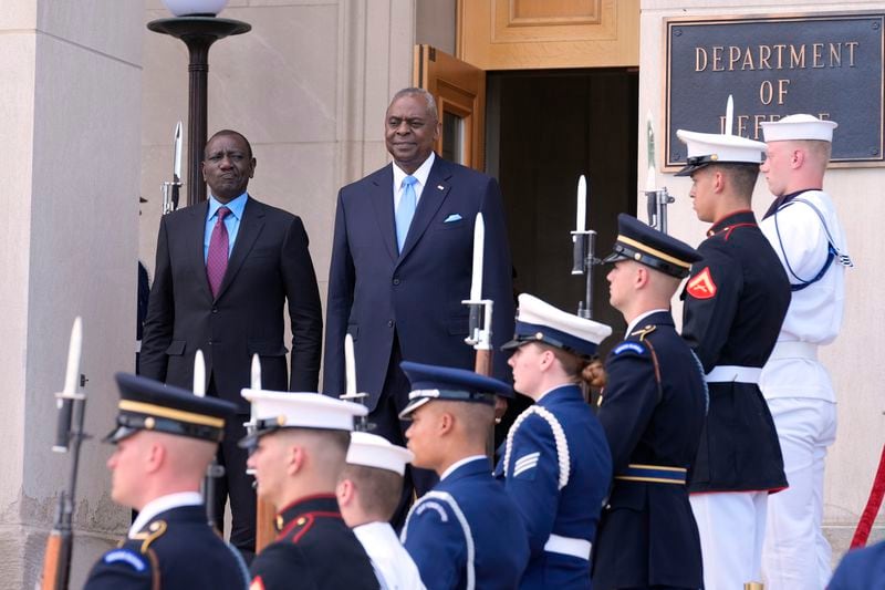 Defense Secretary Lloyd Austin, right, hosts a welcoming ceremony for Kenya's President William Ruto at the Pentagon in Washington, Friday, May 24, 2024. (AP Photo/Susan Walsh)