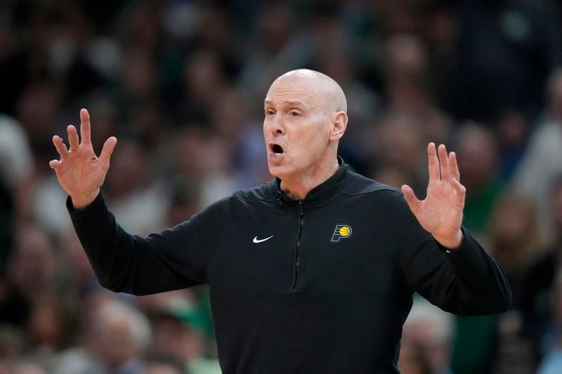 Indiana Pacers head coach Rick Carlisle gestures during the first half of Game 2 of the NBA Eastern Conference basketball finals against the Boston Celtics, Thursday, May 23, 2024, in Boston. (AP Photo/Steven Senne)