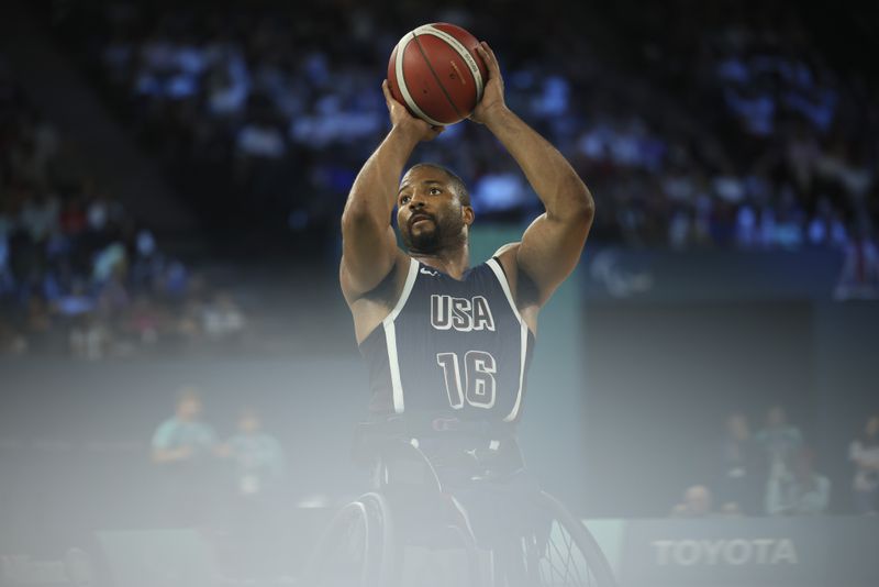 Trevon Jenifer of the U.S. in action during the wheelchair basketball men's gold medal match at the 2024 Paralympics, Saturday, Sept. 7, 2024, in Paris, France. (AP Photo/Thomas Padilla)