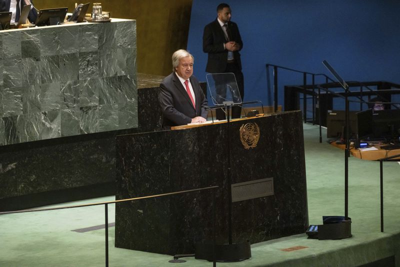 António Guterres, United Nations Secretary-General, speaks during the 79th session of the United Nations General Assembly, Tuesday, Sept. 10, 2024. (AP Photo/Yuki Iwamura)