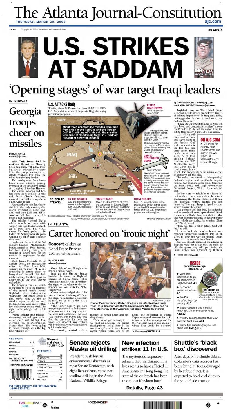 The AJC front page on March 20, 2003.