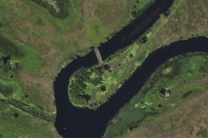 This satellite photo from Planet Labs PBC shows a pontoon bridge across the Seim River between the town of Glushkovo and the village of Zvannoe in Russia's Kursk region on Aug. 17, 2024. (Planet Labs PBC via AP)