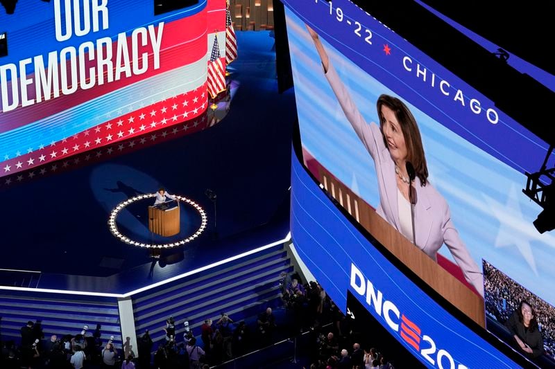 Rep. Nancy Pelosi, D-CA, speaks during the Democratic National Convention Wednesday, Aug. 21, 2024, in Chicago. (AP Photo/Morry Gash)