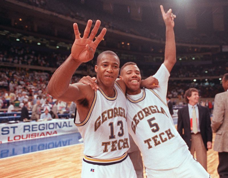 Brian Oliver (No. 13) and Karl Brown (No. 5) celebrate Georgia Tech's berth in the Final Four after defeating Minnesota 93-91 in the Southeast Region finals of the NCAA tournament March 25, 1990 at the Louisiana Superdome in New Orleans. (AJC file photo by Frank Niemeir)