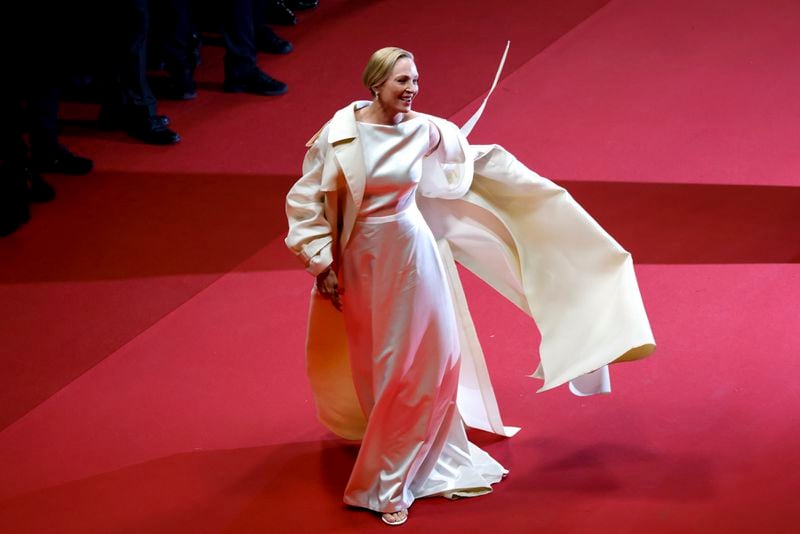 Uma Thurman poses for photographers upon arrival at the premiere of the film 'Oh, Canada' at the 77th international film festival, Cannes, southern France, Friday, May 17, 2024. (Photo by Millie Turner/Invision/AP)