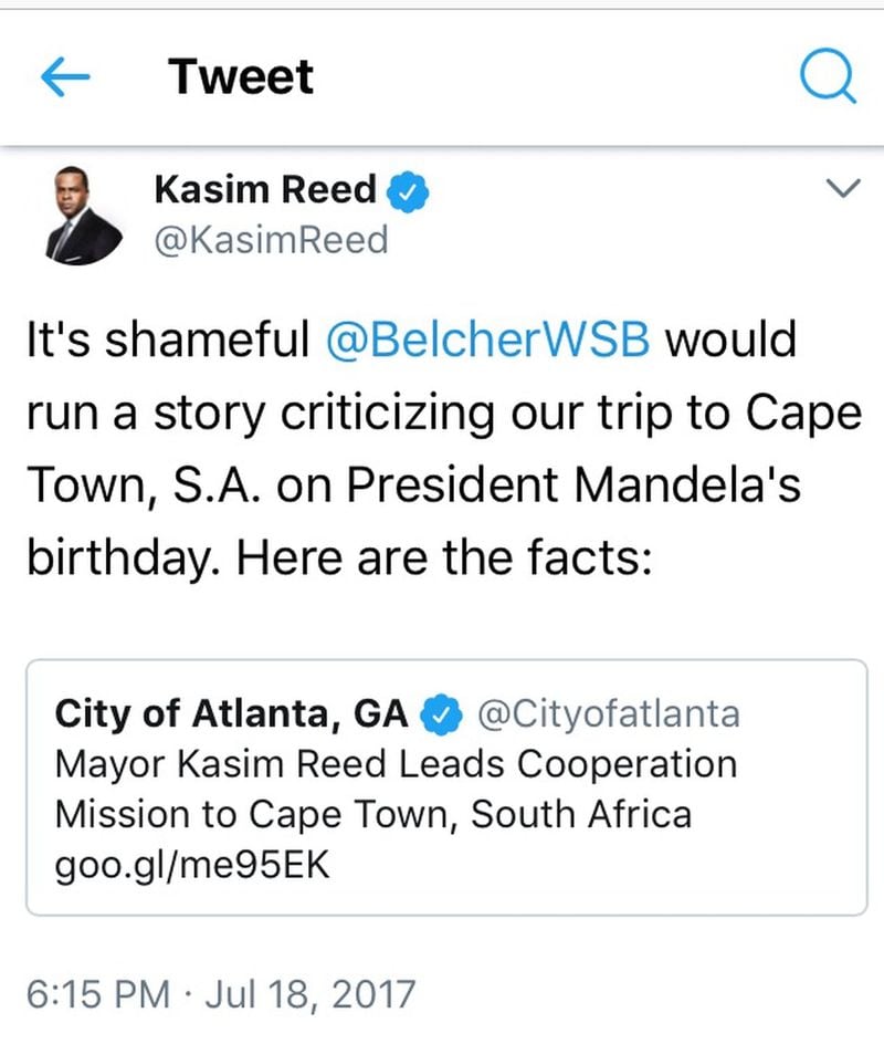 Hizzoner was hoppin’ mad that WSB-TV broadcast its story about business-class travel to Cape Town on Nelson Mandela’s birthday. Of course, the station ran the story the day after getting the travel records — and waiting nearly 3 months! (credit: Bill Torpy)