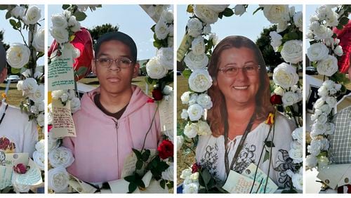 This combo of images show shooting victims, from left, Christian Angulo, Mason Schermerhorn, Cristina Irimie and Richard Aspinwall, displayed at a memorial outside Apalachee High School, Tuesday, Sept. 10, 2024, in Winder, Ga. (AP Photo/Charlotte Kramon)