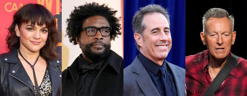 This combination of photos show Norah Jones, Questlove, Jerry Seinfeld and Bruce Springsteen, who will participate at the annual Stand Up for Heroes fundraiser on Nov. 11 at David Geffen Hall at the Lincoln Center for the Performing Arts in New York. (AP Photo)