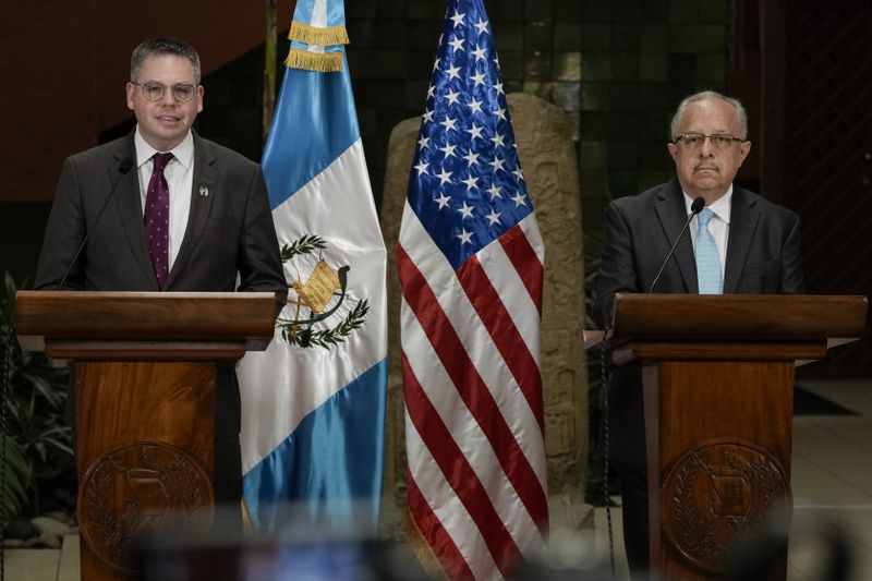 U.S. Deputy Assistant Secretary of State for Western Hemisphere Affairs Eric Jacobstein, left, and Guatemalan Foreign Minister Carlos Martinez, hold a joint press conference regarding the release of 135 Nicaraguan political prisoners, in Guatemala City, Thursday, Sept. 5, 2024. The U.S. government announced it secured the release of the political prisoners, who have arrived in Guatemala where they will apply for entry to the United States or other countries. (AP Photo/Moises Castillo)