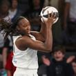Atlanta Dream center Tina Charles grabs a defensive rebound during the first half against the New York Liberty at the Gateway Center Arena, Thursday, June 6, 2024, in Atlanta. (Jason Getz / AJC)
