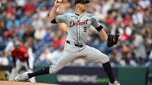 Detroit Tigers starting pitcher Jack Flaherty delivers during the first inning of a baseball game against the Cleveland Guardians, Wednesday, July 24, 2024, in Cleveland. (AP Photo/Nick Cammett)