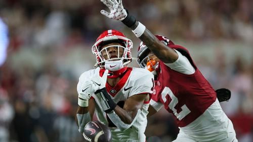 Georgia wide receiver Arian Smith (11) cannot catch a pass against Alabama defensive back Zabien Brown (2) during the first quarter at Bryant-Denny Stadium, Saturday, Sept. 28, 2024, in Tuscaloosa, Al. (Jason Getz / AJC)

