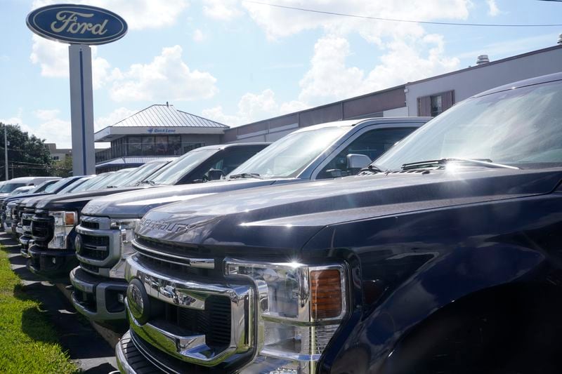 FILE - Ford F150 trucks are displayed at a dealership Jan. 23, 2023, in Hialeah, Fla. (AP Photo/Marta Lavandier, File)