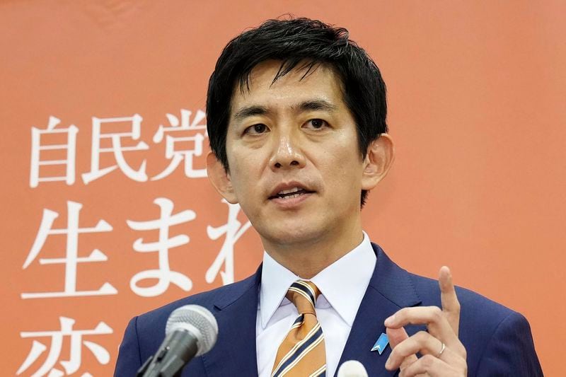 Japan's former Economic Security Minister Takayuki Kobayashi speaks during a press conference as he announces his candidacy of the Liberal Democratic Party's presidential election, at the parliament in Tokyo, on Aug. 19, 2024. (Kyodo News via AP)