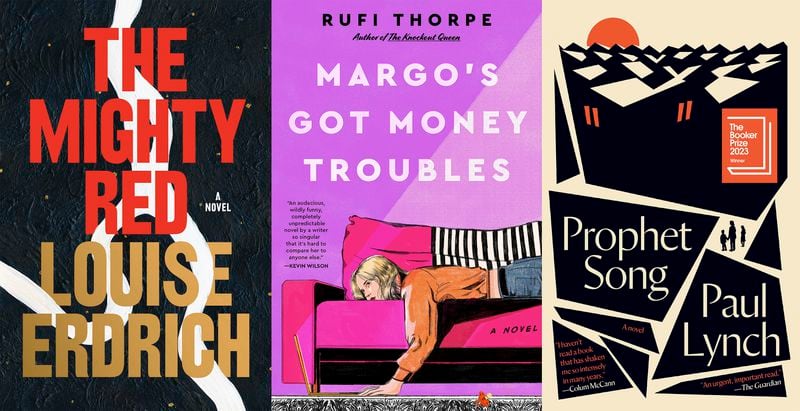 This combination of photos shows book cover images for some of the Kirkus Prize finalists "The Mighty Red" by Louis Erdrich, Rufi Thorpe's "Margo's Got Money Troubles," and "Prophet Song" by Paul Lynch. (Harper/William Morrow/Grove via AP)