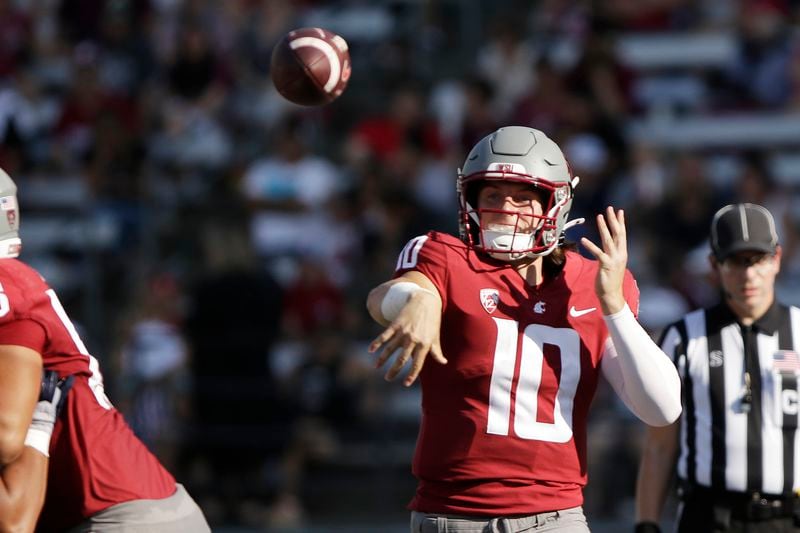 Washington State quarterback John Mateer throws a pass during the second half of an NCAA college football game against Northern Colorado, Sept. 16, 2023, in Pullman, Wash. (AP Photo/Young Kwak, file)