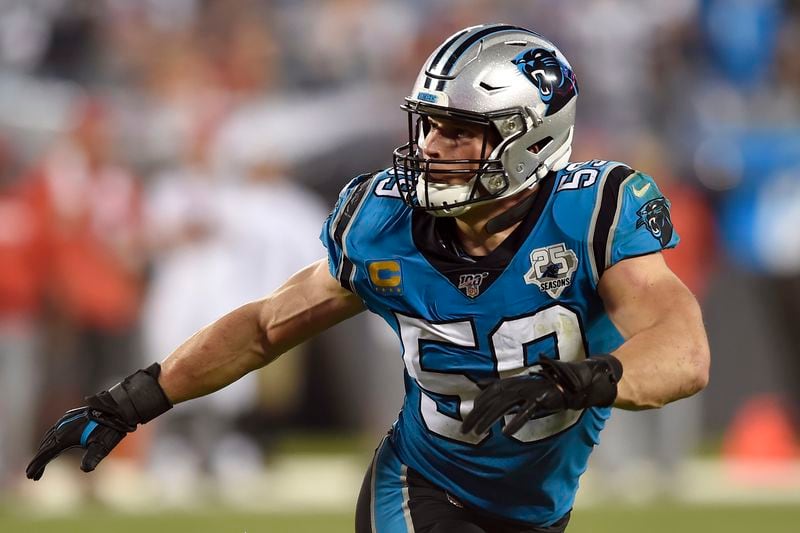 FILE - Carolina Panthers middle linebacker Luke Kuechly (59) runs a play against the Tampa Bay Buccaneers during the second half of an NFL football game in Charlotte, N.C., Thursday, Sept. 12, 2019. (AP Photo/Mike McCarn, File)