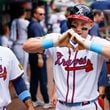 Atlanta Braves outfielder Jarred Kelenic reacts at the dugout after hitting a solo home run during the first inning against the Tampa Bay Rays at Truist Park on Sunday, June 16, 2024, in Atlanta. 
(Miguel Martinez/ AJC)