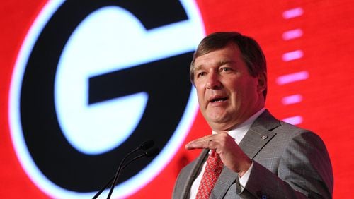 Georgia head coach Kirby Smart holds his press conference at the Hyatt Regency Birmingham-Wynfrey Hotel during SEC Media Days on Tuesday, July 16, 2019, in Birmingham, Ala. (Curtis Compton/ccompton@ajc.com)