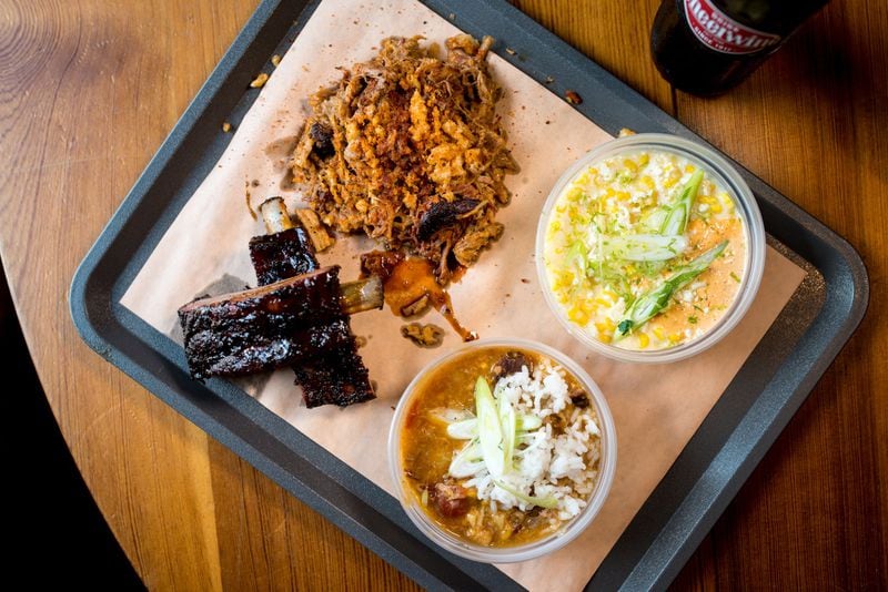 Wood's Chapel BBQ Meat Sampler plate with Riverview Farms Whole Hog, St. Louis Style Pork Ribs, Creamed Corn and Brunswick Stew. Photo credit- Mia Yakel.