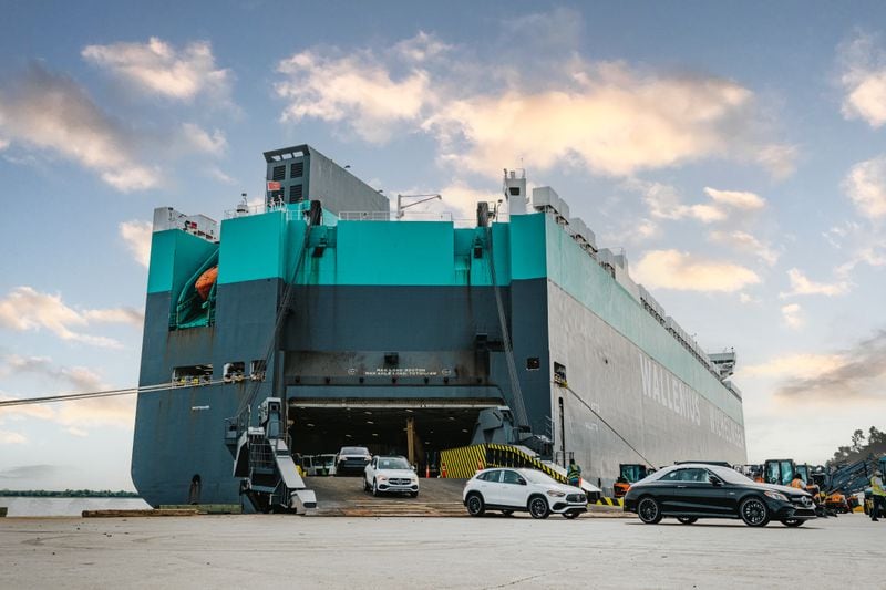 New automobiles offload from a ship docked at the Colonel's Island terminal in Brunswick. The Georgia Ports Authority facility marked its busiest year ever in Fiscal Year 2024. (Photo courtesy of Georgia Ports Authority)