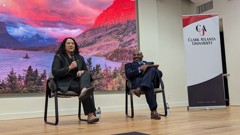 Administrator Isabel Casillas Guzman of the U.S. Small Business Administration during a fireside chat with Dean Silvanus Udoka of the Clark Atlanta University School of Business (right) on Feb. 5, 2024.