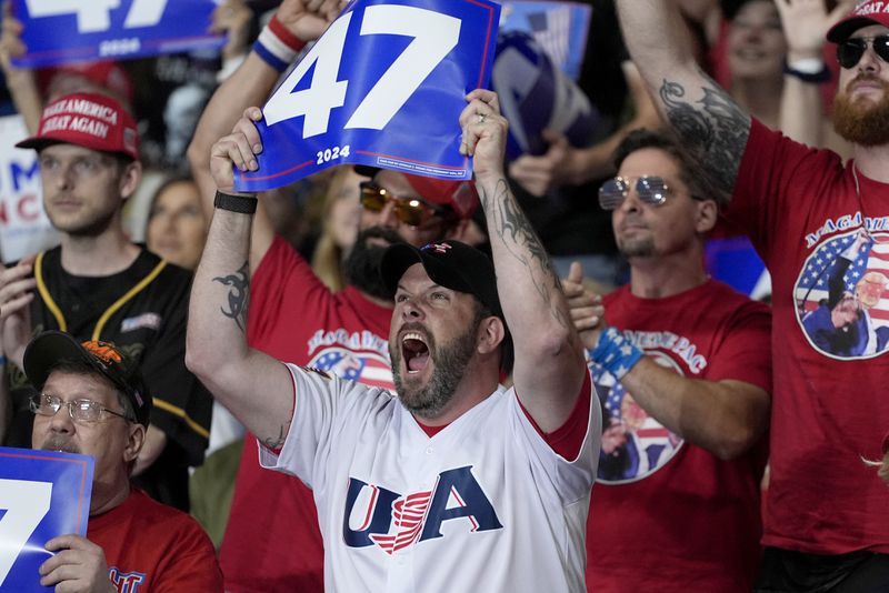 Supporters cheer at a campaign rally for Republican presidential nominee former President Donald Trump at the Mohegan Sun Arena at Casey Plaza, Saturday, Aug. 17, 2024, in Wilkes-Barre, Pa. (AP Photo/Carolyn Kaster)