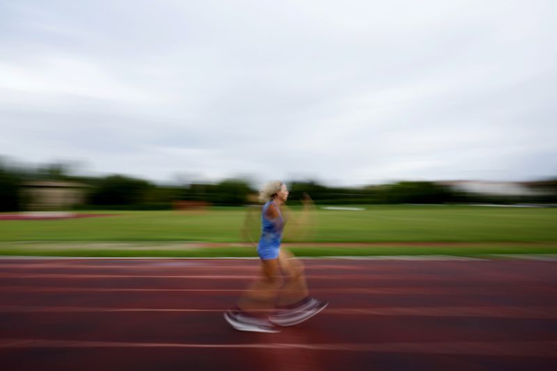 Italy's Valentina Petrillo trains in Pieve di Cento, near Bologna, Italy, Monday, Aug. 19, 2024. Valentina Petrillo is set to become the first transgender woman to compete at the Paralympic Games at the end of this month in Paris. (AP Photo/Antonio Calanni)