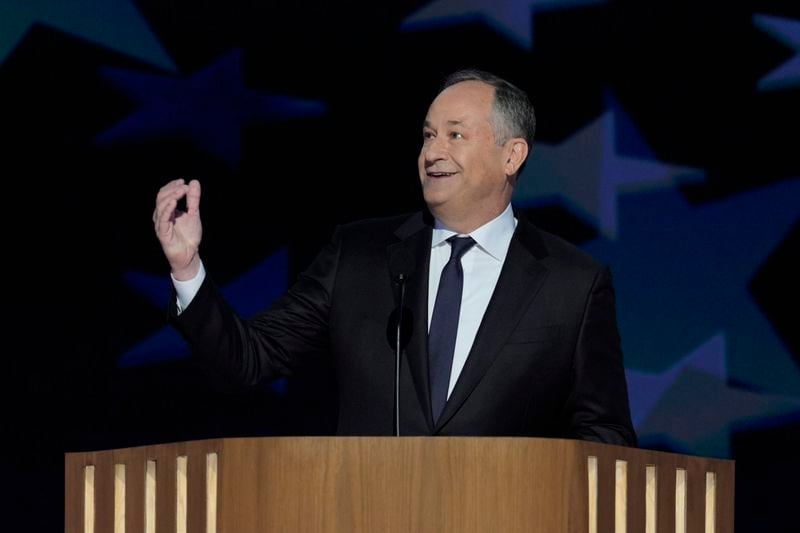 Second gentleman Douglas Emhoff speaking at the Democratic National Convention Tuesday, Aug. 20, 2024, in Chicago. (AP Photo/J. Scott Applewhite)