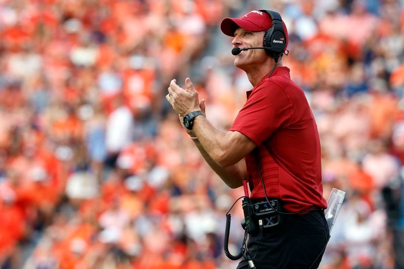 Oklahoma head coach Brent Venables reacts after Auburn missed a field goal to end the first half of an NCAA college football game, Saturday, Sept. 28, 2024, in Auburn, Ala. (AP Photo/Butch Dill)