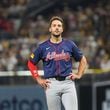 Atlanta Braves’ Matt Olson reacts after lining out to the San Diego Padres during the sixth inning of National League Division Series Wild Card Game Two at Petco Park in San Diego on Wednesday, Oct. 2, 2024.   (Jason Getz / Jason.Getz@ajc.com)