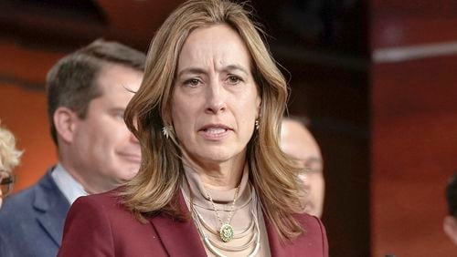 FILE - Rep. Mikie Sherrill, D-N.J., speaks during a news conference on Capitol Hill, Feb. 13, 2024, in Washington. (AP Photo/Mariam Zuhaib, File)