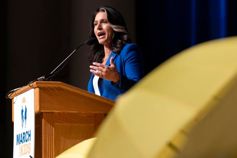 Tulsi Gabbard speaks at the Moms for Liberty National Summit in Washington, Saturday, Aug. 31, 2024. (AP Photo/Jose Luis Magana)