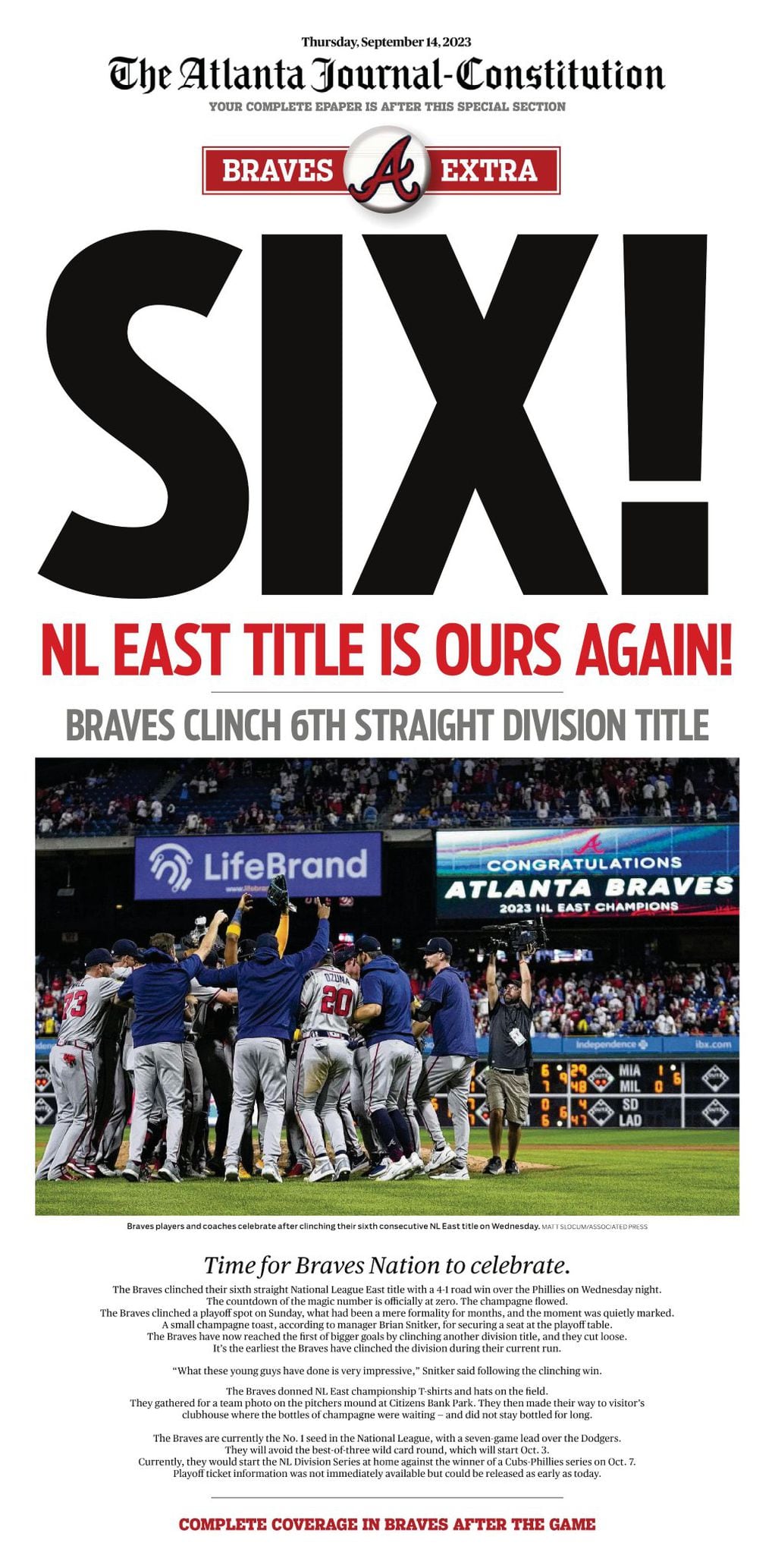 Front page news: See the AJC headline for NL East Champion Atlanta Braves