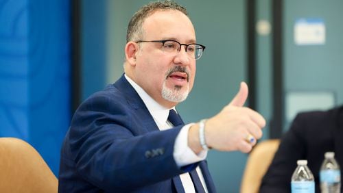 U.S. Secretary of Education Miguel Cardona meets Atlanta Journal-Constitution reporters and editors for an editorial board meeting at Cox Headquarters on Jan. 16, 2024, in Atlanta. Cardona announced 10 Georgia schools made the 2024 list of Blue Ribbon schools for their academic performance. (Jason Getz/The Atlanta Journal-Constitution/TNS)