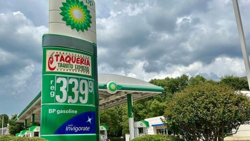 A gas station in Dunwoody on June 27, when gas prices in metro Atlanta were about $3.35 per gallon on average for regular unleaded, according to GasBuddy.com. (J. Scott Trubey/The Atlanta Journal-Constitution)