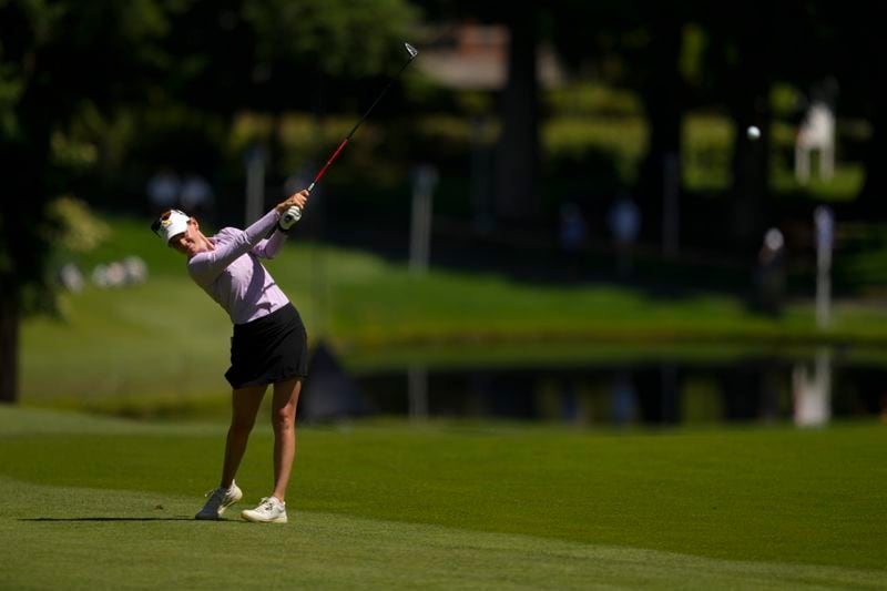 Sarah Schmelzel hits on the fairway of the 18th hole during the second round of the Women's PGA Championship golf tournament at Sahalee Country Club, Friday, June 21, 2024, in Sammamish, Wash. (AP Photo/Lindsey Wasson)