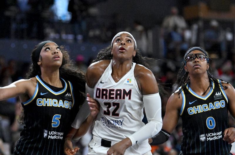 Atlanta Dream forward Cheyenne Parker-Tyus (32) fights for the position against Chicago Sky forward Angel Reese (5) and Chicago Sky guard Diamond DeShields (0) during the second half at the Gateway Center Arena on July 2, 2024, in Atlanta. Chicago Sky won 85-77 over Atlanta Dream. (Hyosub Shin / AJC)