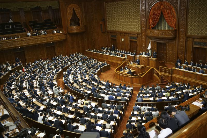 Japanese Prime Minister Shigeru Ishiba delivers his first policy speech during a Diet session at the Lower House of the Parliament Friday, Oct. 4, 2024, in Tokyo. (AP Photo/Eugene Hoshiko)