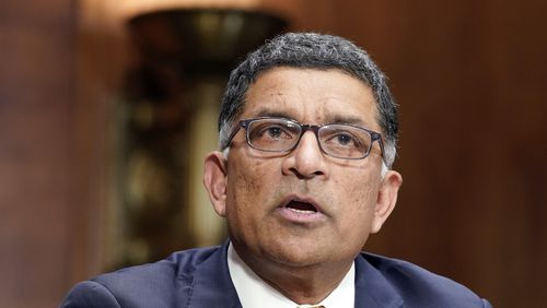 FILE - Vivek Sankaran CEO at Albertsons Companies, speaks during a Senate Judiciary Subcommittee on Competition Policy, Antitrust, and Consumer Rights hearing on the proposed Kroger-Albertsons grocery store merger in Washington, Nov. 29, 2022. (AP Photo/Mariam Zuhaib, File)