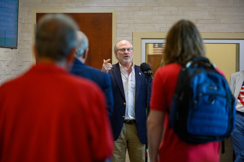 EagleAI CEO Rick Richards presents his program to find ineligible voter registrations at the Forsyth County elections office in Cumming, Georgia, on June 28, 2024. (Jamie Spaar for the Atlanta Journal Constitution)