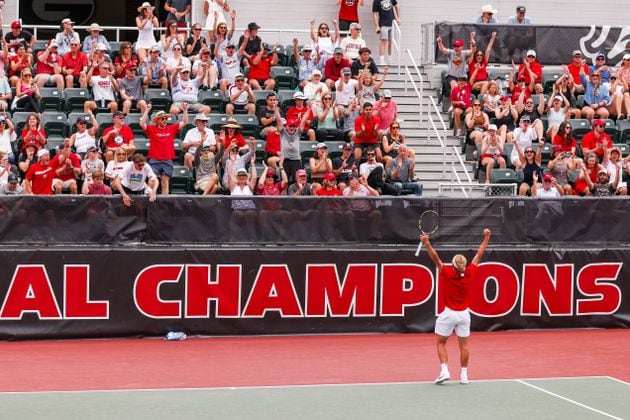 Georgia tennis player Philip Henning during Georgia’s second round match of the 2023 NCAA Division I men’s tennis championship against Oklahoma at Henry Feild Stadium inside the Dan Magill Tennis Complex in Athens, Ga., on Sunday, May 7, 2023. (Tony Walsh/UGAAA)